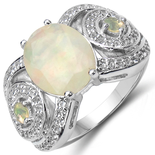 Opal-2.43 Carat Genuine Opal & White Topaz .925 Sterling Silver Ring