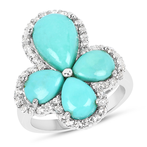Rings-6.31 Carat Genuine Turquoise & White Topaz .925 Sterling Silver Ring