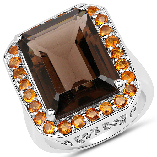 Rings-11.17 Carat Genuine Smoky Quartz and Citrine .925 Sterling Silver Ring