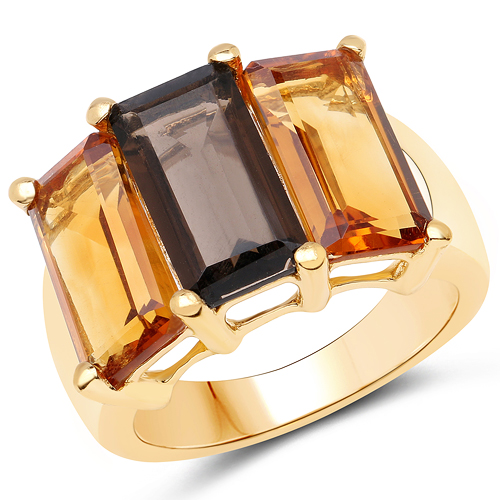 Rings-14K Yellow Gold Plated 8.14 Carat Genuine Smoky Quartz, Citrine and Champagne Quartz .925 Sterling Silver Ring