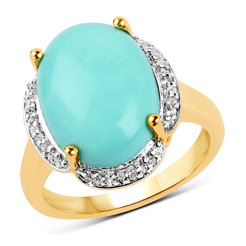 Rings-14K Yellow Gold Plated 7.04 Carat Genuine Turquoise & White Topaz .925 Sterling Silver Ring