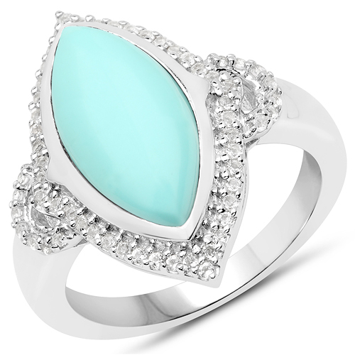 Rings-4.25 Carat Genuine Turquoise and White Topaz .925 Sterling Silver Ring