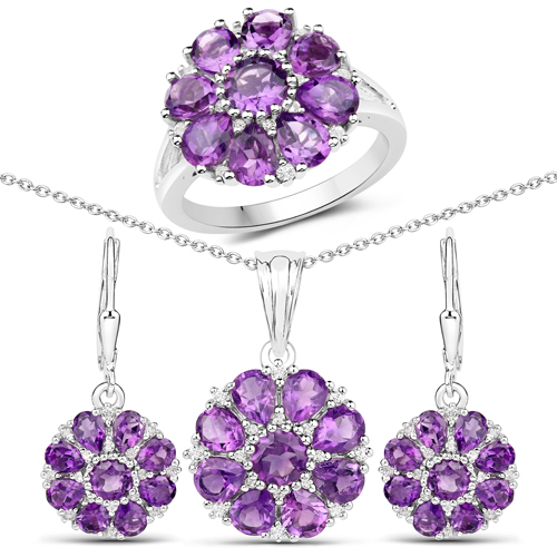 9.28 Carat Genuine Amethyst and White Topaz .925 Sterling Silver 3 Piece Jewelry Set (Ring, Earrings, and Pendant w/ Chain)