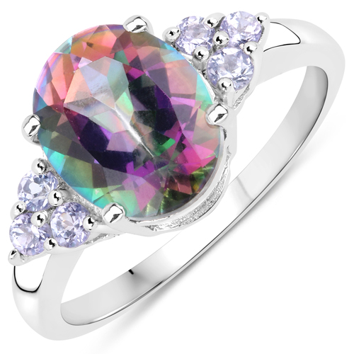Rings-3.46 Carat Genuine Rainbow Quartz and Tanzanite .925 Sterling Silver Ring