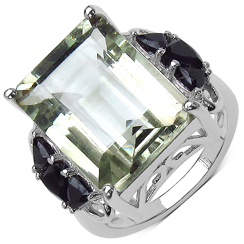 Amethyst-11.92 Carat Genuine Green Amethyst and Black Spinel .925 Sterling Silver Ring
