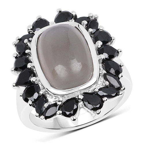 8.37 Carat Genuine Grey Moonstone and Black Spinel .925 Sterling Silver Ring