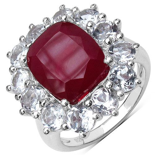 Ruby-9.86 Carat Glass Filled Ruby and White Topaz .925 Sterling Silver Ring
