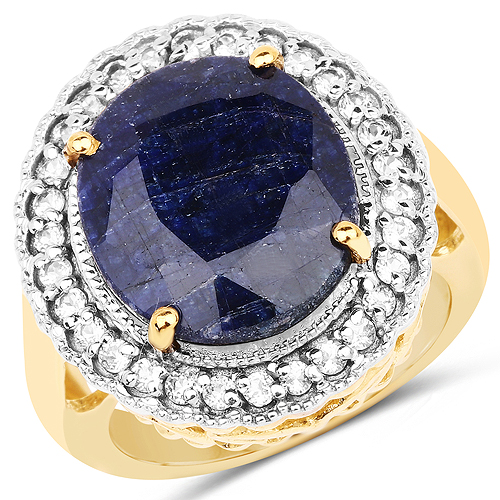 Sapphire-14K Yellow Gold Plated 8.59 Carat Dyed Sapphire and White Topaz .925 Sterling Silver Ring