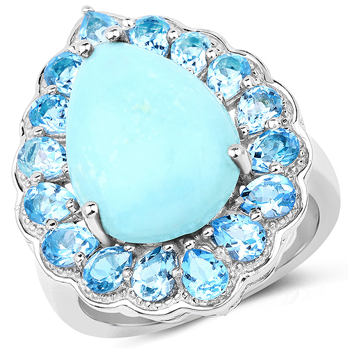 8.73 Carat Genuine Turquoise and Swiss Blue Topaz .925 Sterling Silver Ring