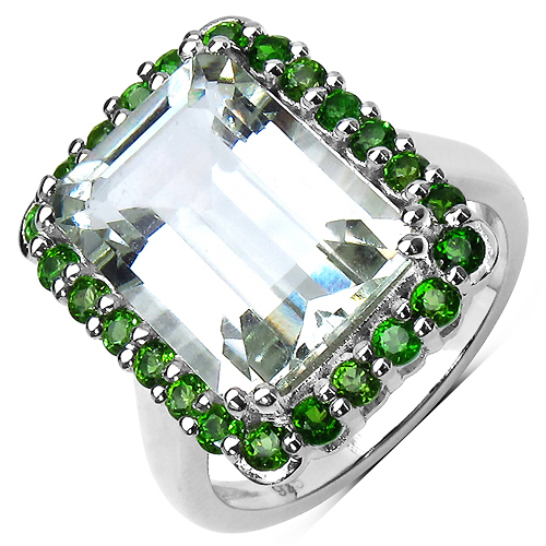 Amethyst-8.12 Carat Genuine Green Amethyst and Chrome Diopside .925 Sterling Silver Ring