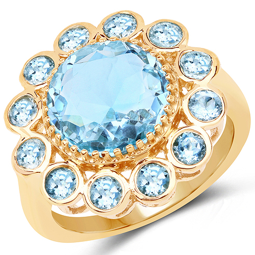 Rings-14K Yellow Gold Plated 6.59 Carat Genuine Blue Topaz .925 Sterling Silver Ring