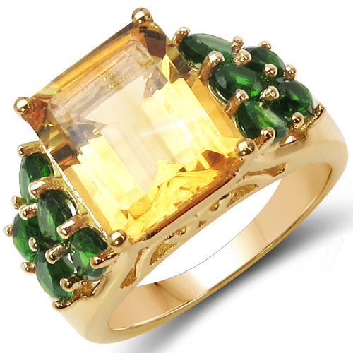 Citrine-18K Yellow Gold Plated 6.85 Carat Genuine Citrine & Chrome Diopside .925 Sterling Silver Ring
