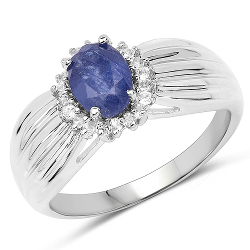 Sapphire-1.10 Carat Genuine Glass Filled Sapphire and White Topaz .925 Sterling Silver Ring
