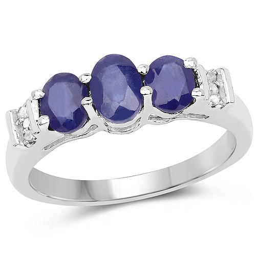 Sapphire-1.58 Carat Glass Filled Sapphire and White Diamond .925 Sterling Silver Ring