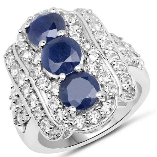 Sapphire-4.85 Carat Genuine Blue Sapphire and White Topaz .925 Sterling Silver Ring