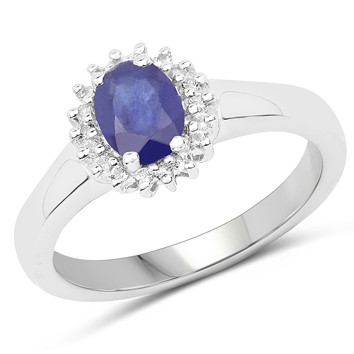 Sapphire-1.09 Carat Genuine Glass Filled Sapphire and White Topaz .925 Sterling Silver Ring