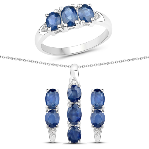 3.99 Carat Genuine Blue Sapphire and White Topaz .925 Sterling Silver 3 Piece Jewelry Set (Ring, Earrings, and Pendant w/ Chain)