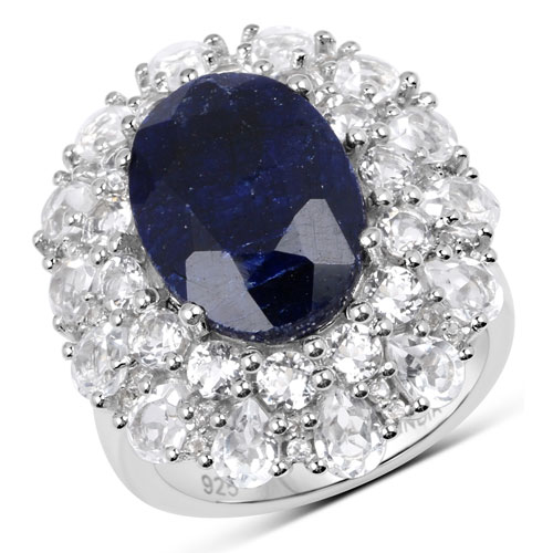Sapphire-10.64 Carat Dyed Sapphire and White Topaz .925 Sterling Silver Ring