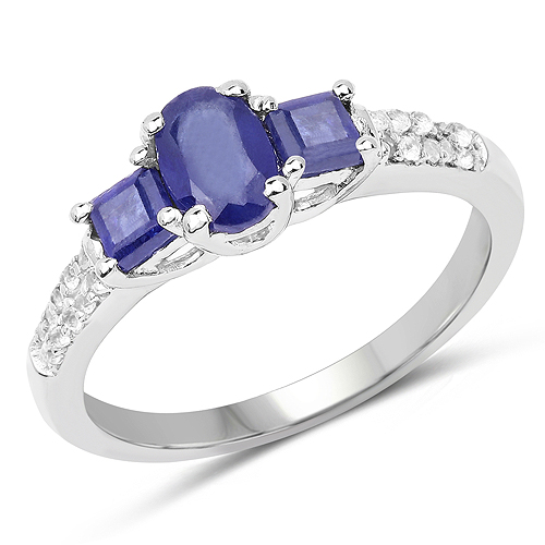 Sapphire-1.01 Carat Genuine Glass Filled Sapphire and White Topaz .925 Sterling Silver Ring