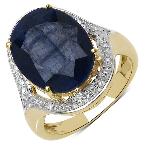 Sapphire-9.26 Carat Dyed Sapphire and White Diamond 10K Yellow Gold Ring