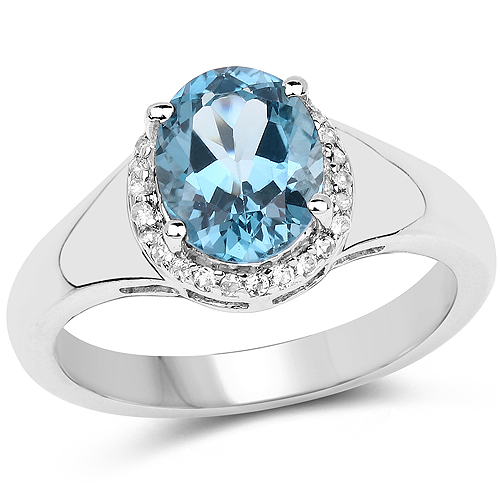 2.13 Carat Genuine London Blue Topaz and White Topaz .925 Sterling Silver Ring