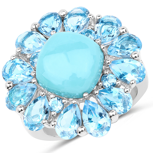 Rings-9.50 Carat Genuine Turquoise and Swiss Blue Topaz .925 Sterling Silver Ring