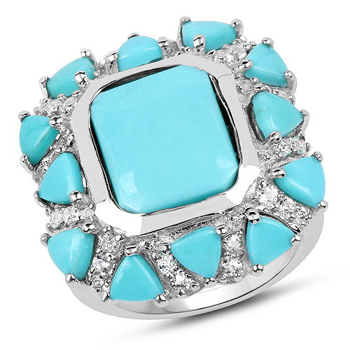 Rings-9.37 Carat Genuine Turquoise and White Topaz .925 Sterling Silver Ring