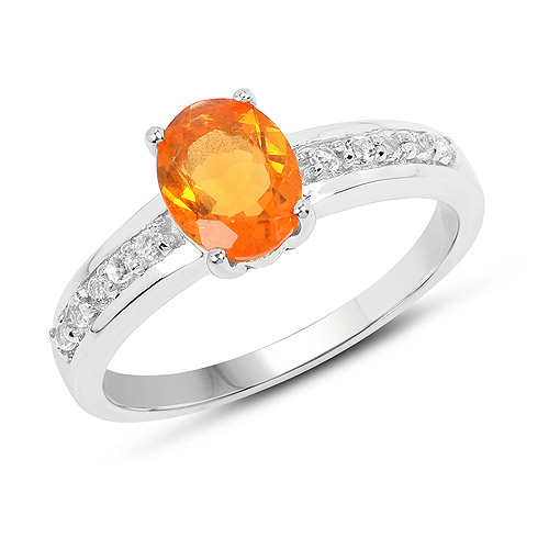 Opal-0.80 Carat Genuine Fire Opal and White Topaz .925 Sterling Silver Ring