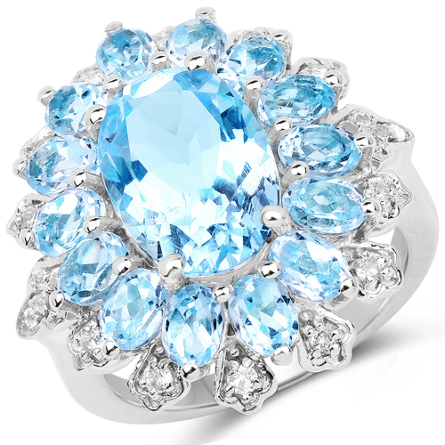 Rings-7.57 Carat Genuine Blue Topaz and White Topaz .925 Sterling Silver Ring