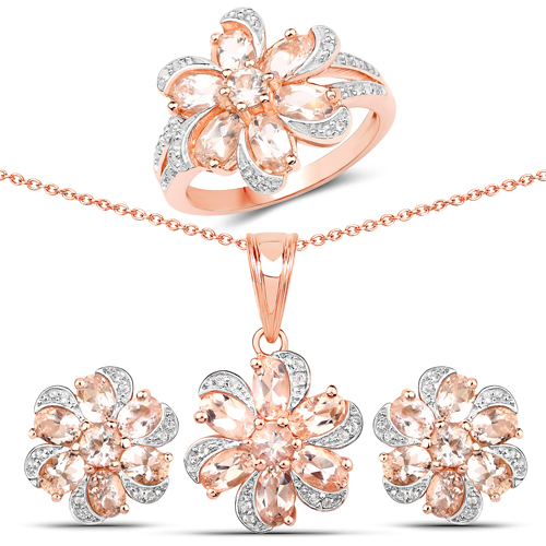Jewelry Sets-7.28 Carat Genuine Morganite and White Topaz .925 Sterling Silver 3 Piece Jewelry Set (Ring, Earrings, and Pendant w/ Chain)