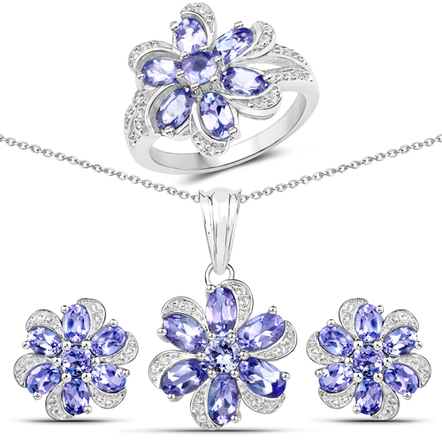 8.28 Carat Genuine Tanzanite and White Topaz .925 Sterling Silver 3 Piece Jewelry Set (Ring, Earrings, and Pendant w/ Chain)