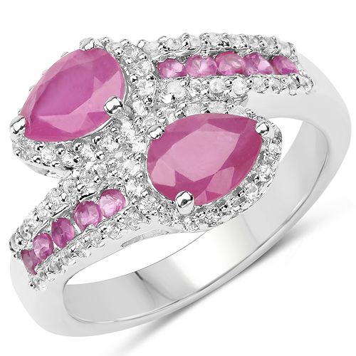 Ruby-2.44 Carat Glass Filled Ruby, Ruby and White Topaz .925 Sterling Silver Ring