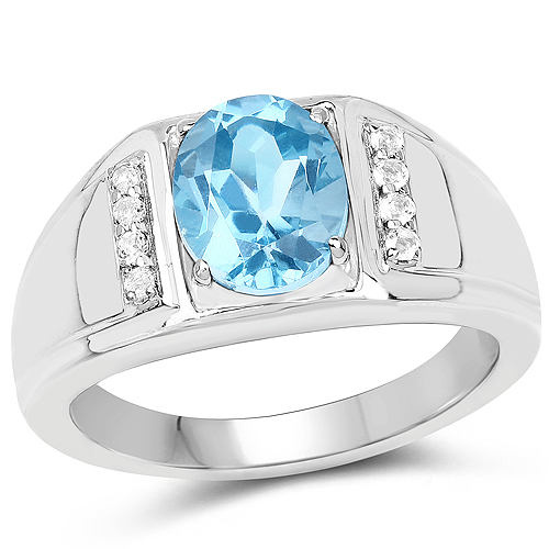 Rings-2.18 Carat Genuine London Blue Topaz and White Topaz .925 Sterling Silver Ring
