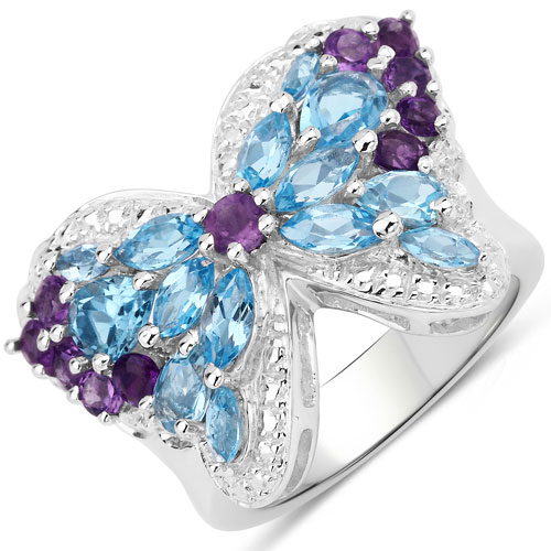 Rings-3.56 Carat Genuine Swiss Blue Topaz and Amethyst .925 Sterling Silver Ring