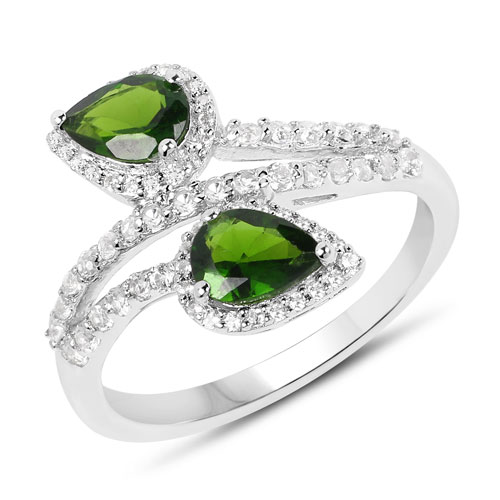 Rings-2.24 Carat Genuine Chrome Diopside and White Topaz .925 Sterling Silver Ring