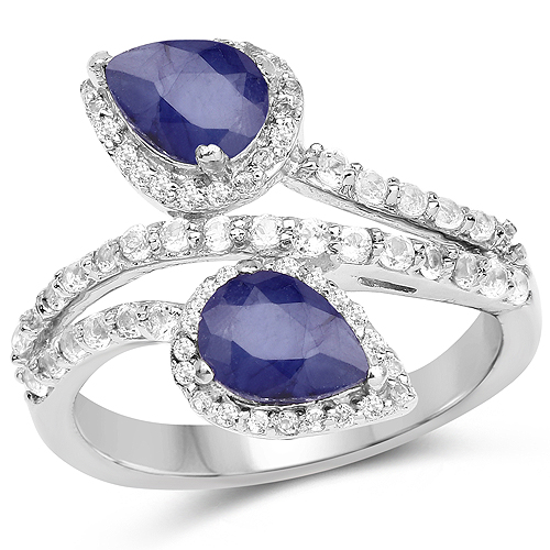 Sapphire-2.74 Carat Glass Filled Sapphire and White Topaz .925 Sterling Silver Ring
