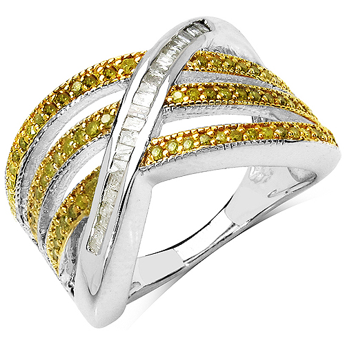 Diamond-0.79 Carat Genuine White Diamond & Yellow Diamond .925 Sterling Silver Ring