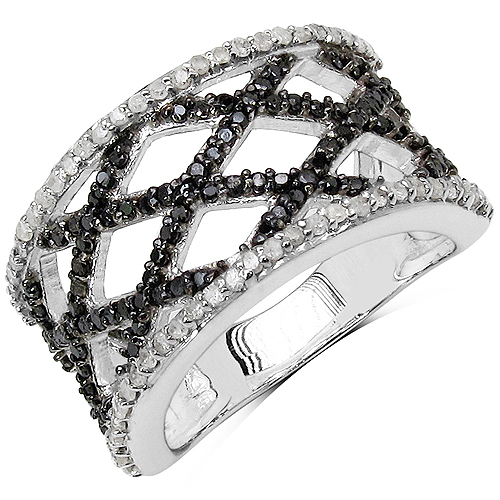 Diamond-0.92 Carat Genuine Black Diamond & White Diamond .925 Sterling Silver Ring