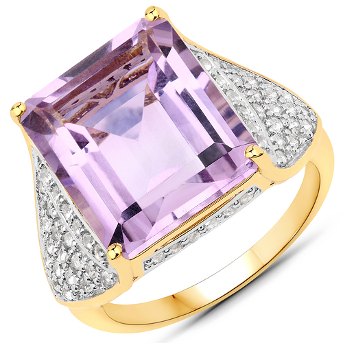Amethyst-18K Yellow Gold Plated 10.26 Carat Genuine Pink Amethyst and White Topaz .925 Sterling Silver Ring