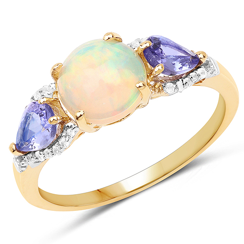 Opal-14K Yellow Gold Plated 2.21 Carat Genuine Ethiopian Opal, Tanzanite & White Topaz .925 Sterling Silver Ring