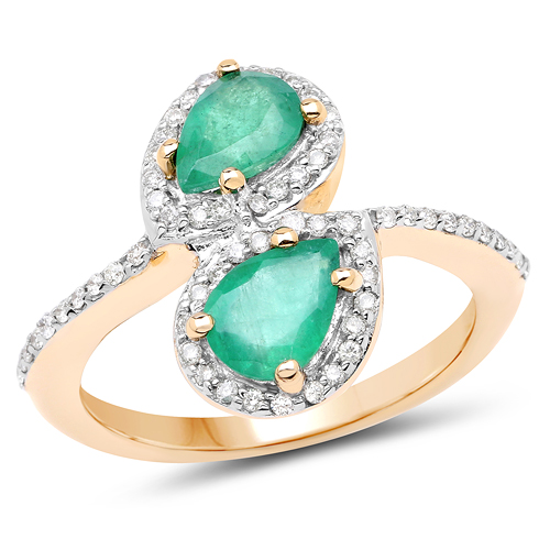 Emerald-2.06 Carat Genuine Zambian Emerald & White Zircon 14K Yellow Gold Ring