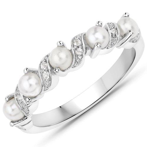 Pearl-0.69 Carat Genuine Pearl and White Topaz .925 Sterling Silver Ring