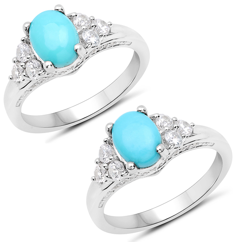 Rings-1.92 Carat Genuine Turquoise and White Zircon .925 Sterling Silver Ring