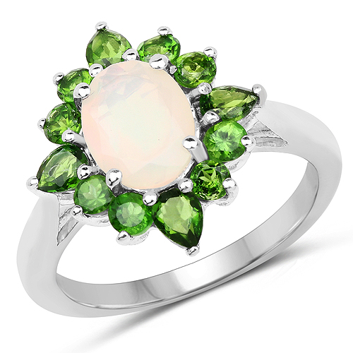 Opal-2.16 Carat Genuine Ethiopian Opal and Chrome Diopside .925 Sterling Silver Ring