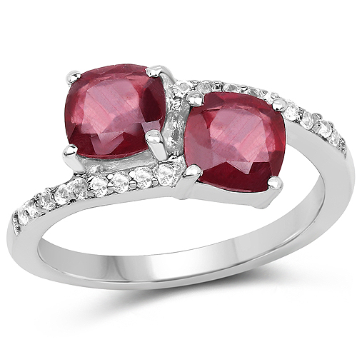 Ruby-2.38 Carat Glass Filled Ruby and White Topaz .925 Sterling Silver Ring