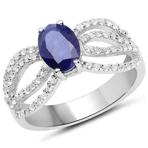 Sapphire-2.23 Carat Glass Filled Sapphire and White Topaz .925 Sterling Silver Ring