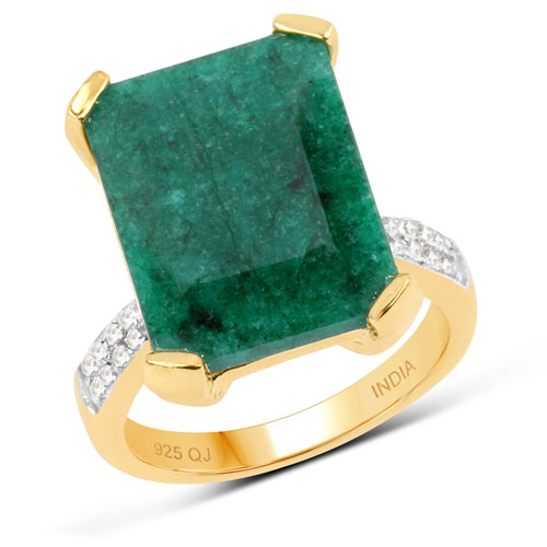 Emerald-7.64 Carat Dyed Emerald and White Diamond .925 Sterling Silver Ring