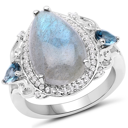 Rings-6.18 Carat Genuine Labradorite, London Blue Topaz and White Topaz .925 Sterling Silver Ring