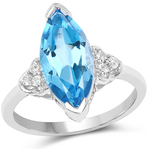 Rings-3.78 Carat Genuine Swiss Blue Topaz and White Topaz .925 Sterling Silver Ring