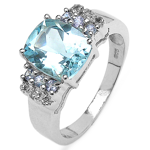 Rings-3.80 Carat Genuine Blue Topaz, Tanzanite and White Topaz .925 Sterling Silver Ring